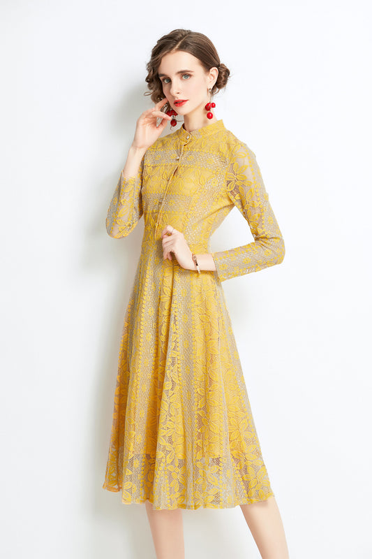 Yellow Tunic Floral Lace Long sleeves Crew Neck Midi Dress