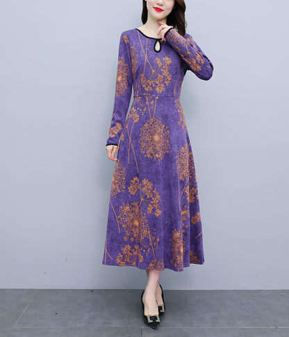 Purple Floral Print Cut-out detail Maxi Dress