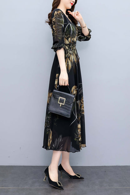 Black V-Neck Long Sleeves Floral Print Midi Dress