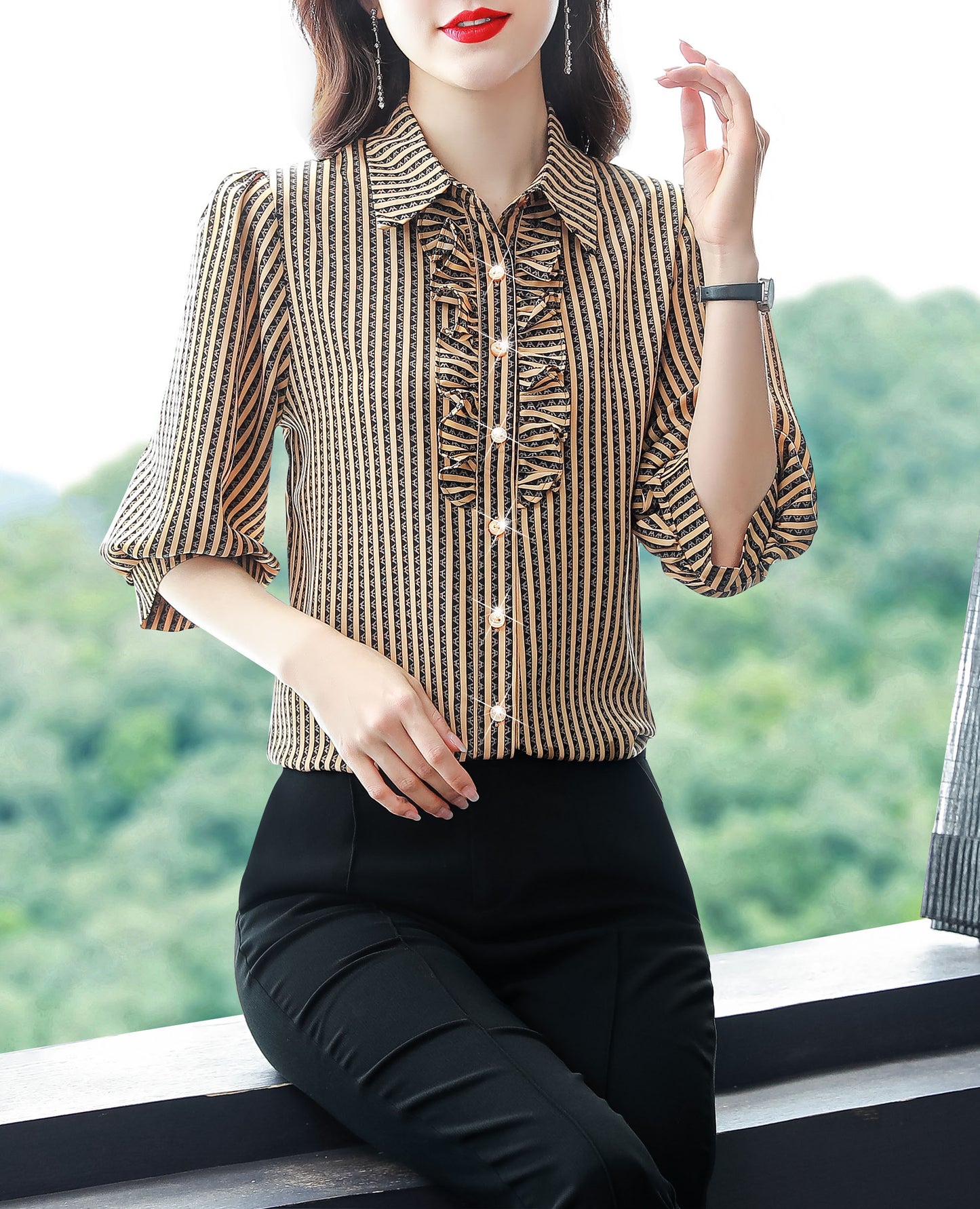 Stripe Tops Collared Neck Button Up Print Blouse