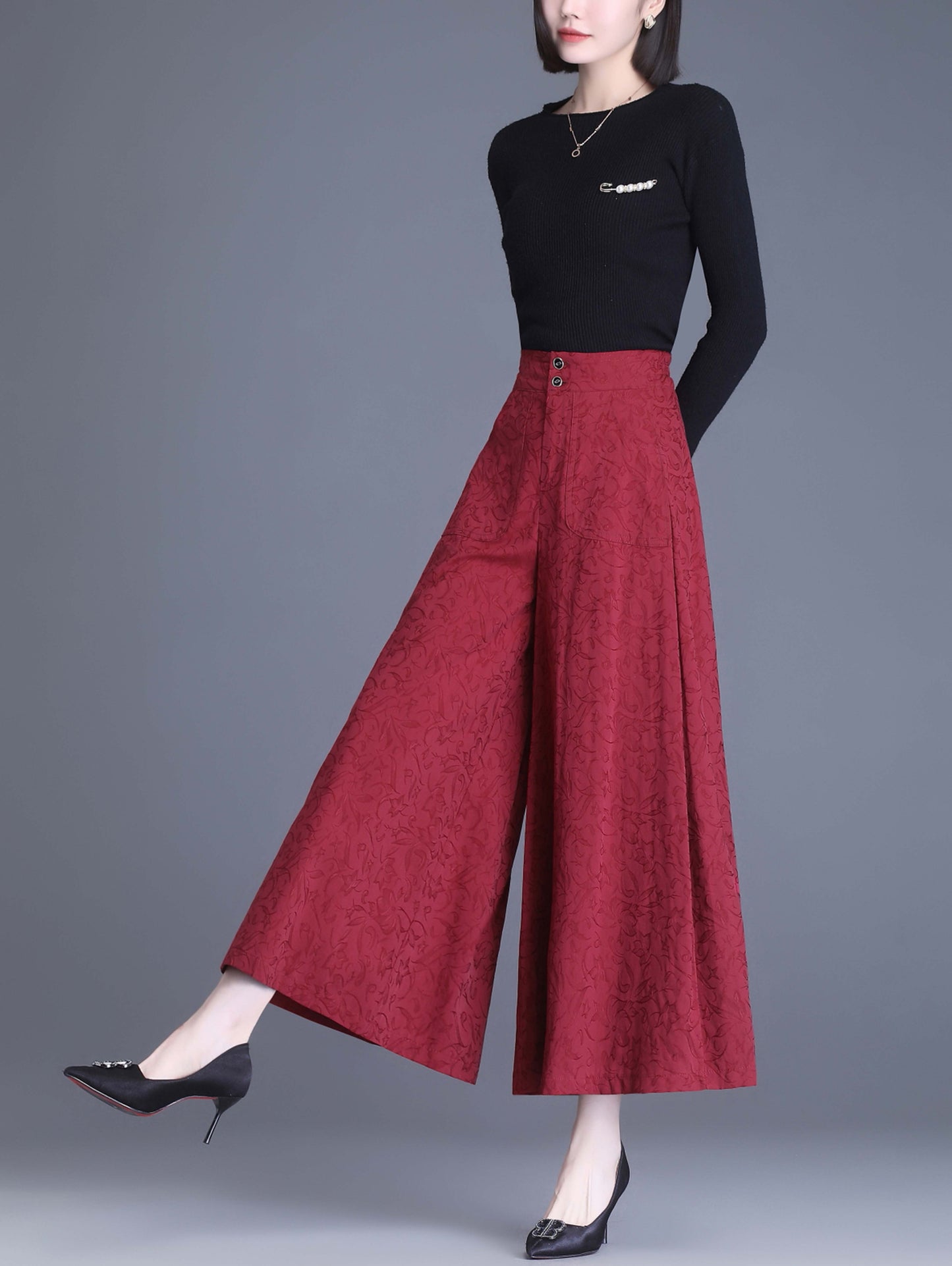 Red High Waist Solid Wide Leg Trousres with Pocket