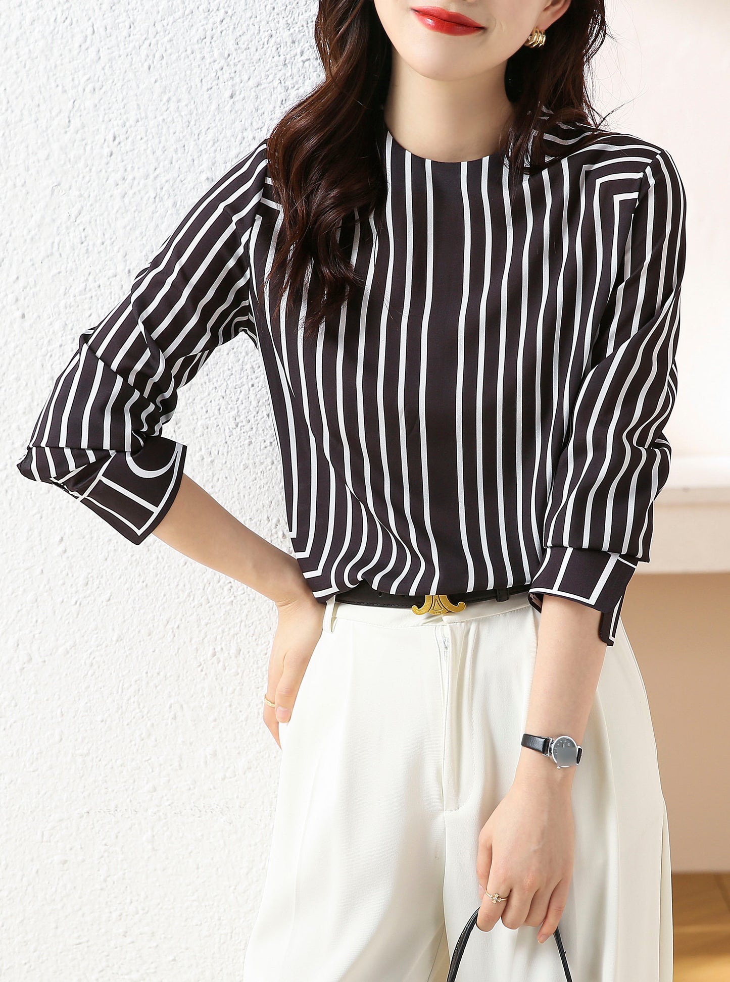 Round Neck Long Sleeve Button Up Solid Blouse