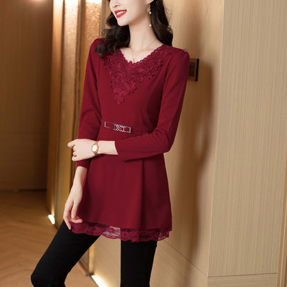 Long Sleeves Crew Neck Lace Solid Blouse with pocket