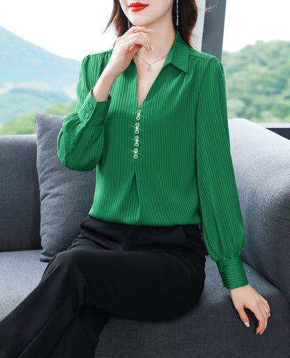 Green Stripe Tops Collared Neck Long Sleeves Button Up Solid Blouse