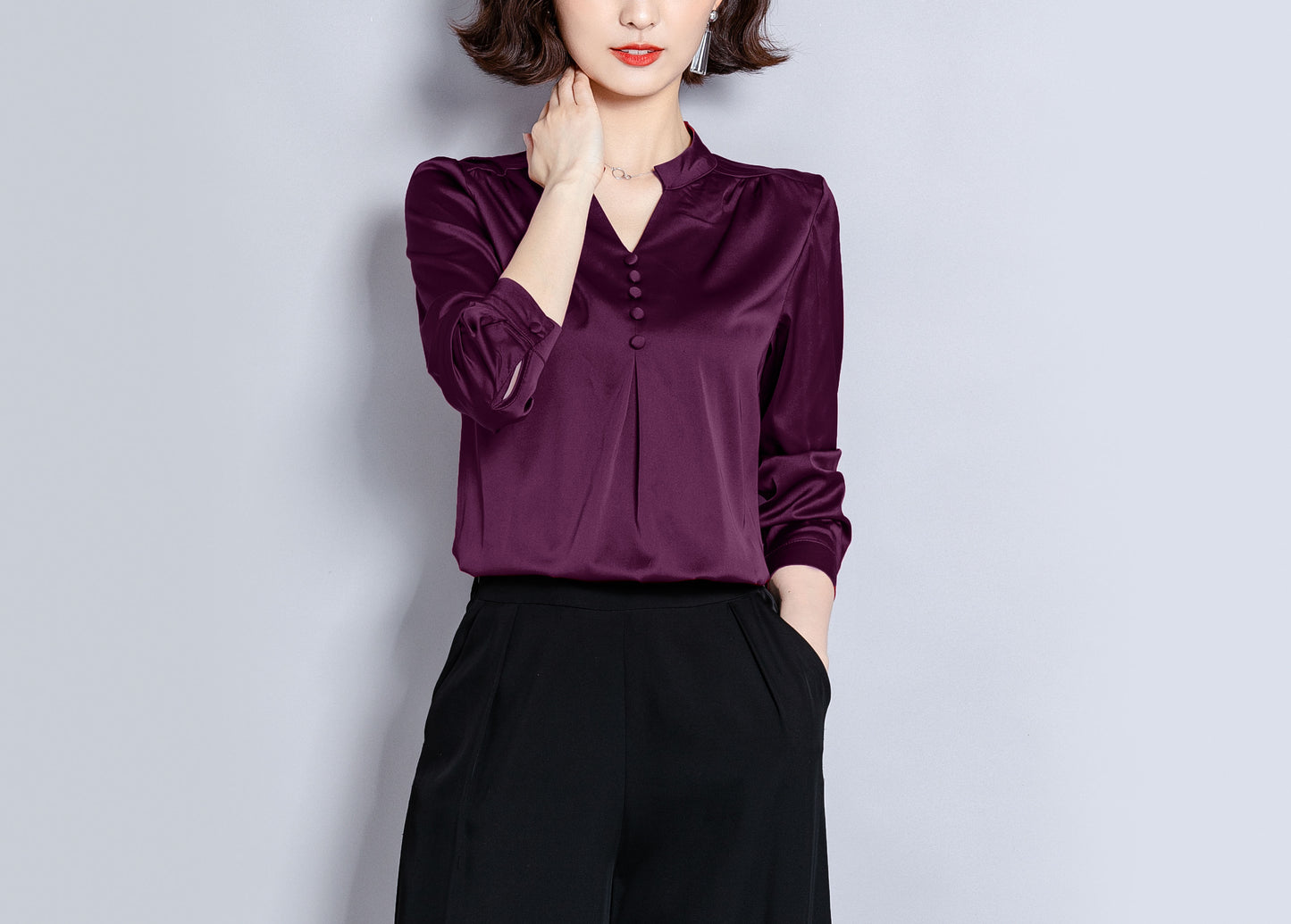 Solid Purple V-neck Long Sleeves Stain Shirt Blouse