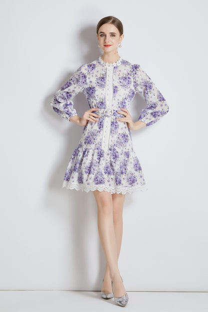 Purple Floral print Long Puff Sleeve Mini Dress