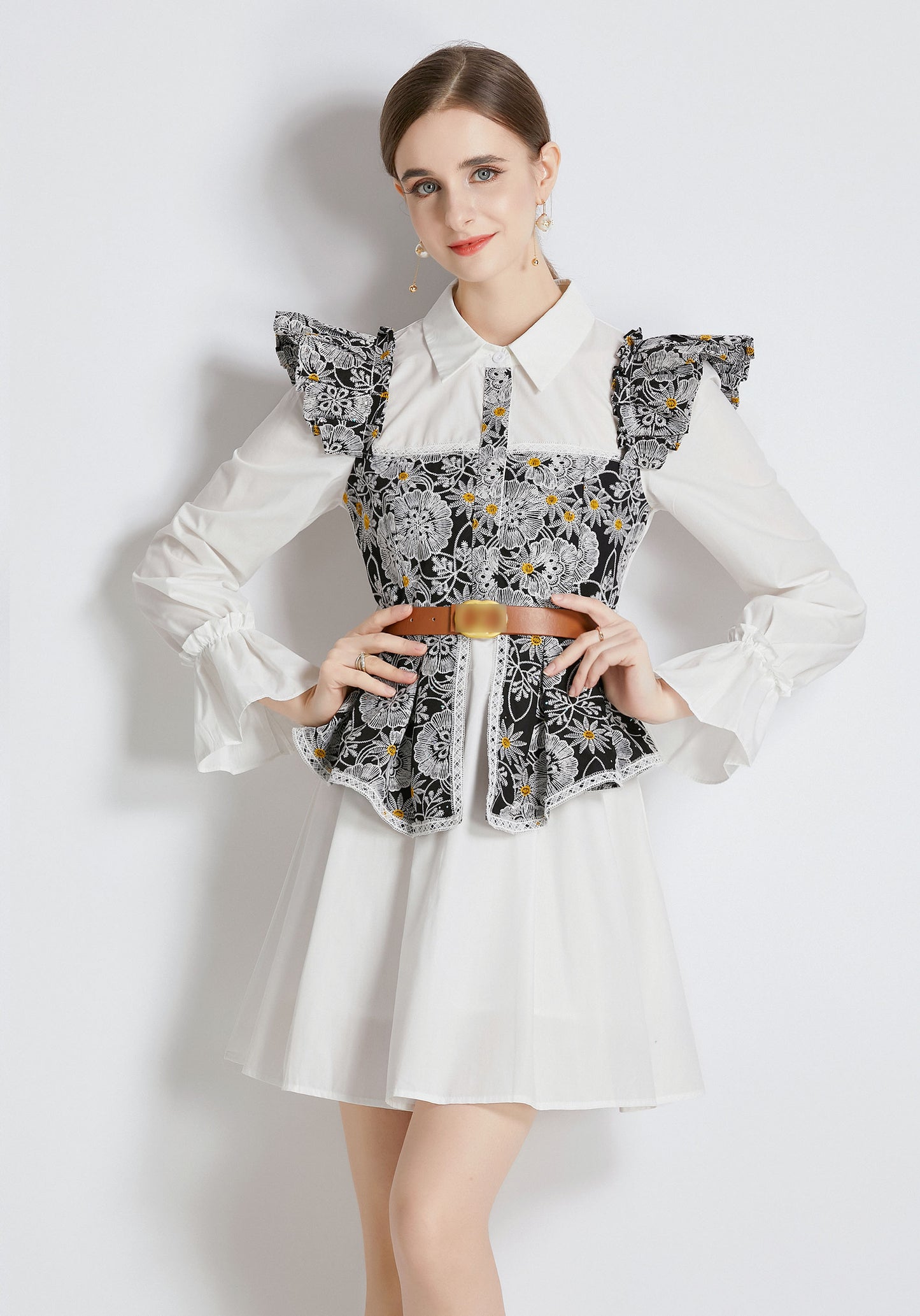 Bell Sleeve Collared Neck Floral Print Mini Dress With Belt