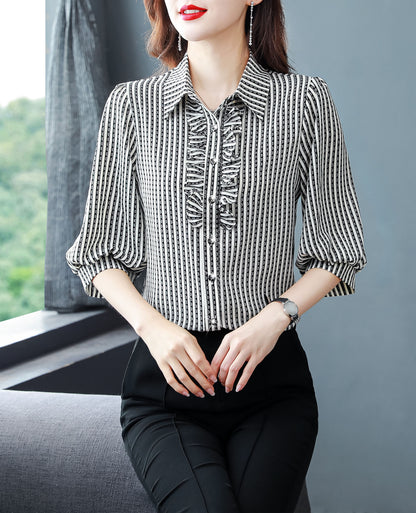 Black Stripe Tops Collared Neck Button Up Print Blouse