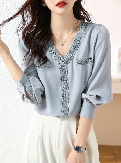 V Neck Long Sleeve Button Up Solid Blouse