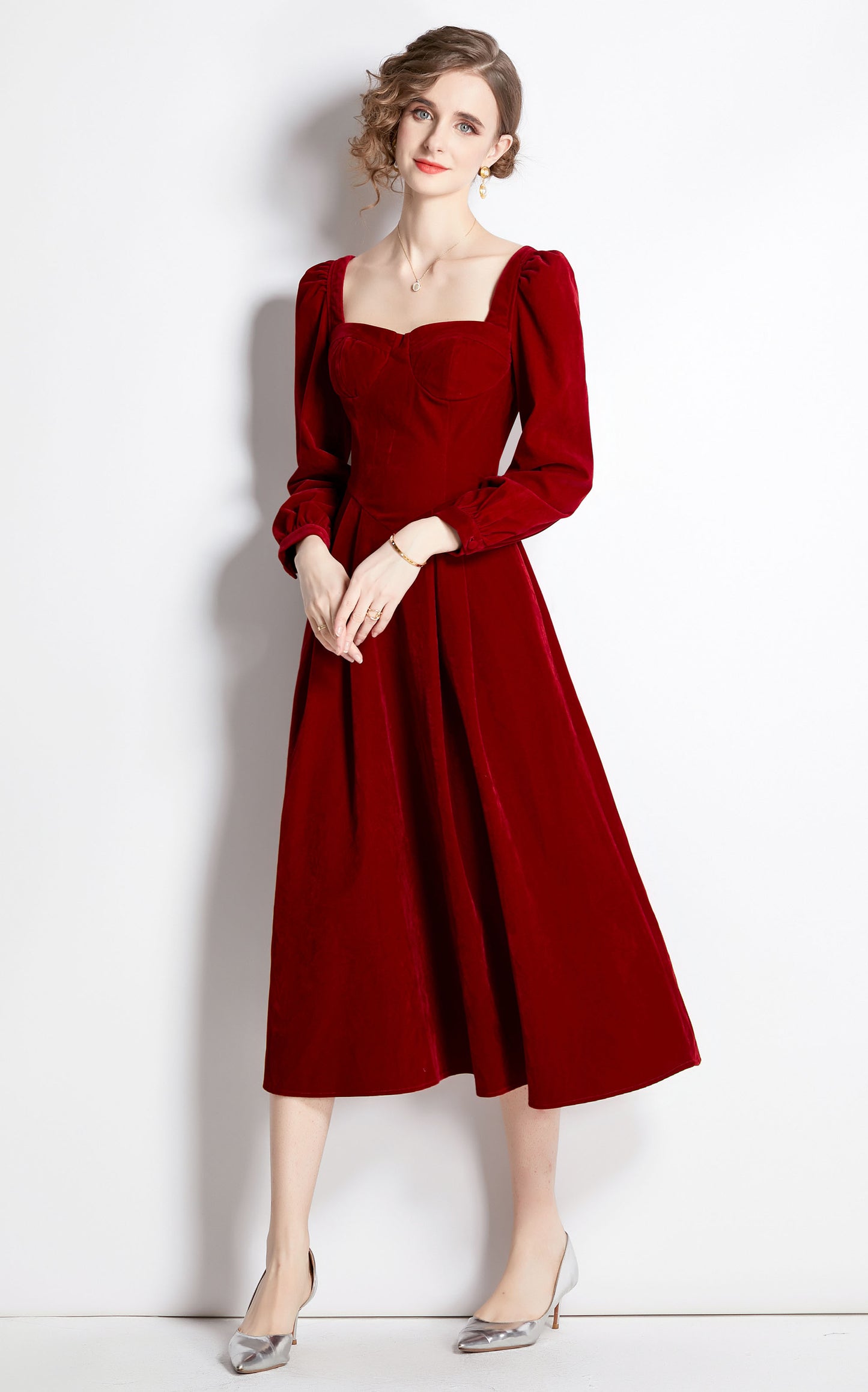 Velvet Square Neck A Line Midi Red Drees