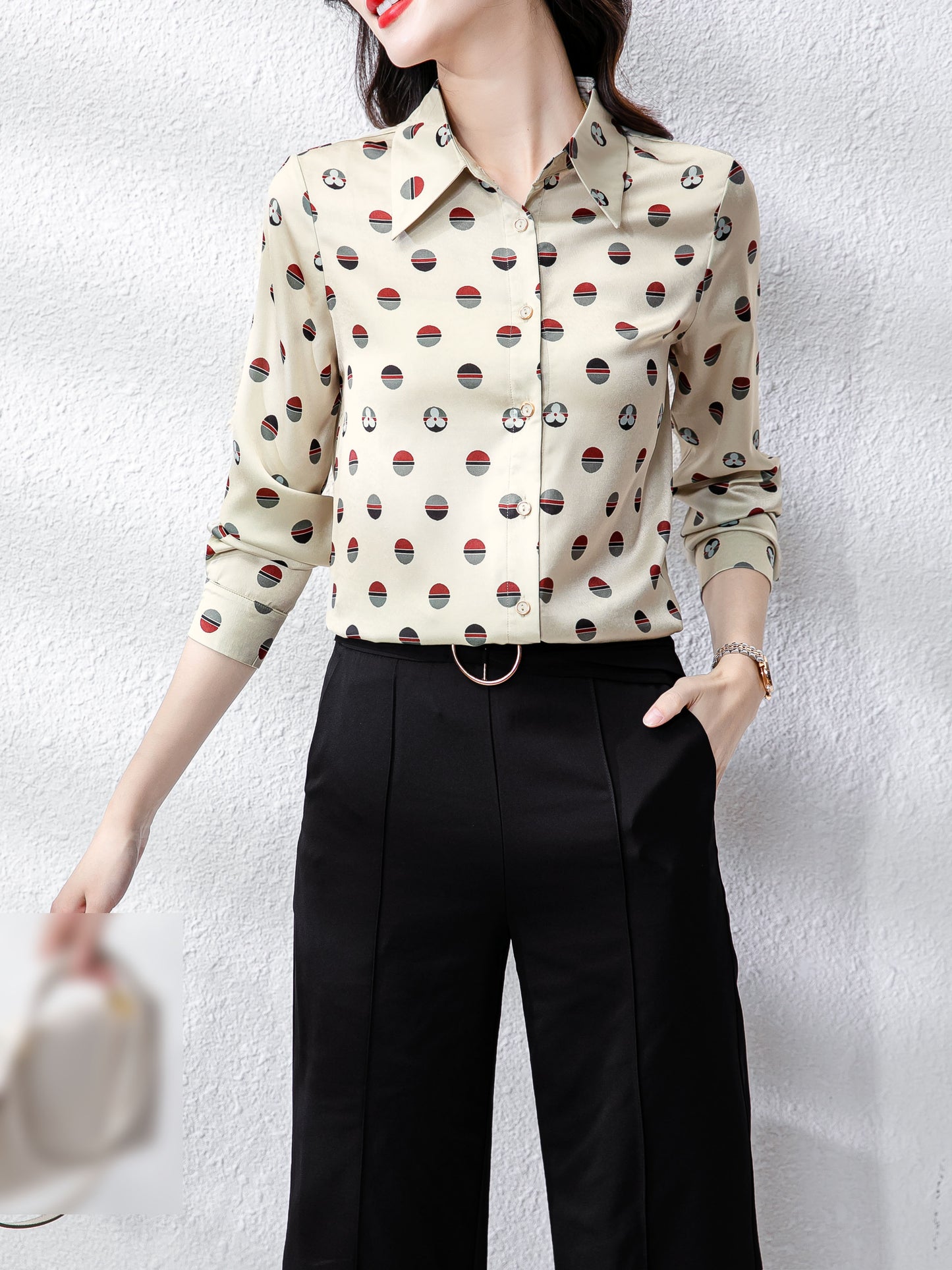 Yellow Collared Neckline Spots Long Sleeves Blouse Top Shirt