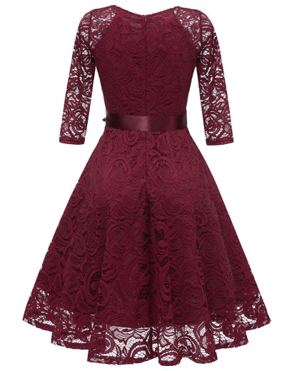 V-neck A-line 3/4 Sleeve Burgundy Lace Evening Dress With Belt