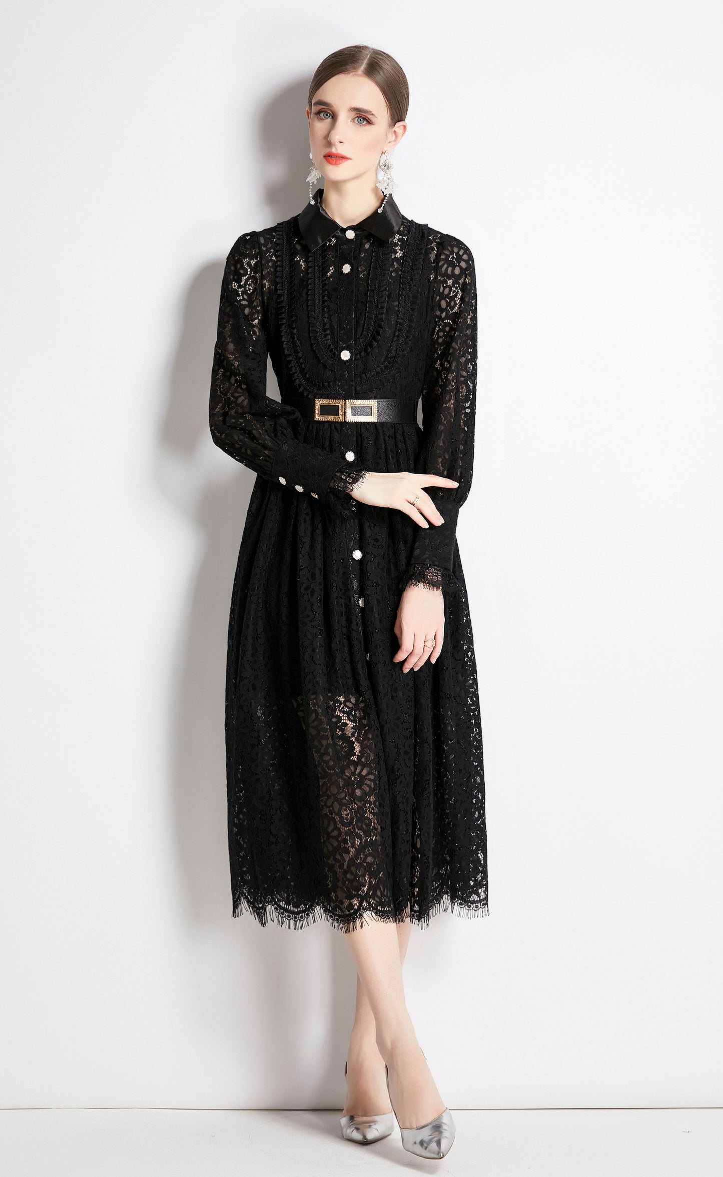 Black Collared Neck Long Sleeve Button Up Lace Midi Dress With Belt