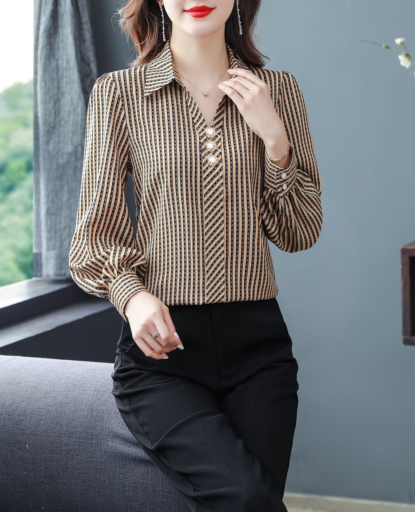 Brown Stripe Tops Collared Neck Long Sleeves Print Blouse