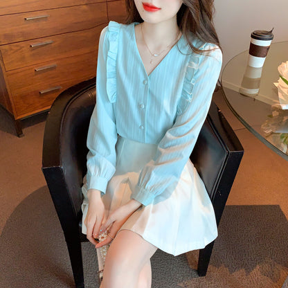 Blue Long Sleeves V Neck Frill Button up Blouse