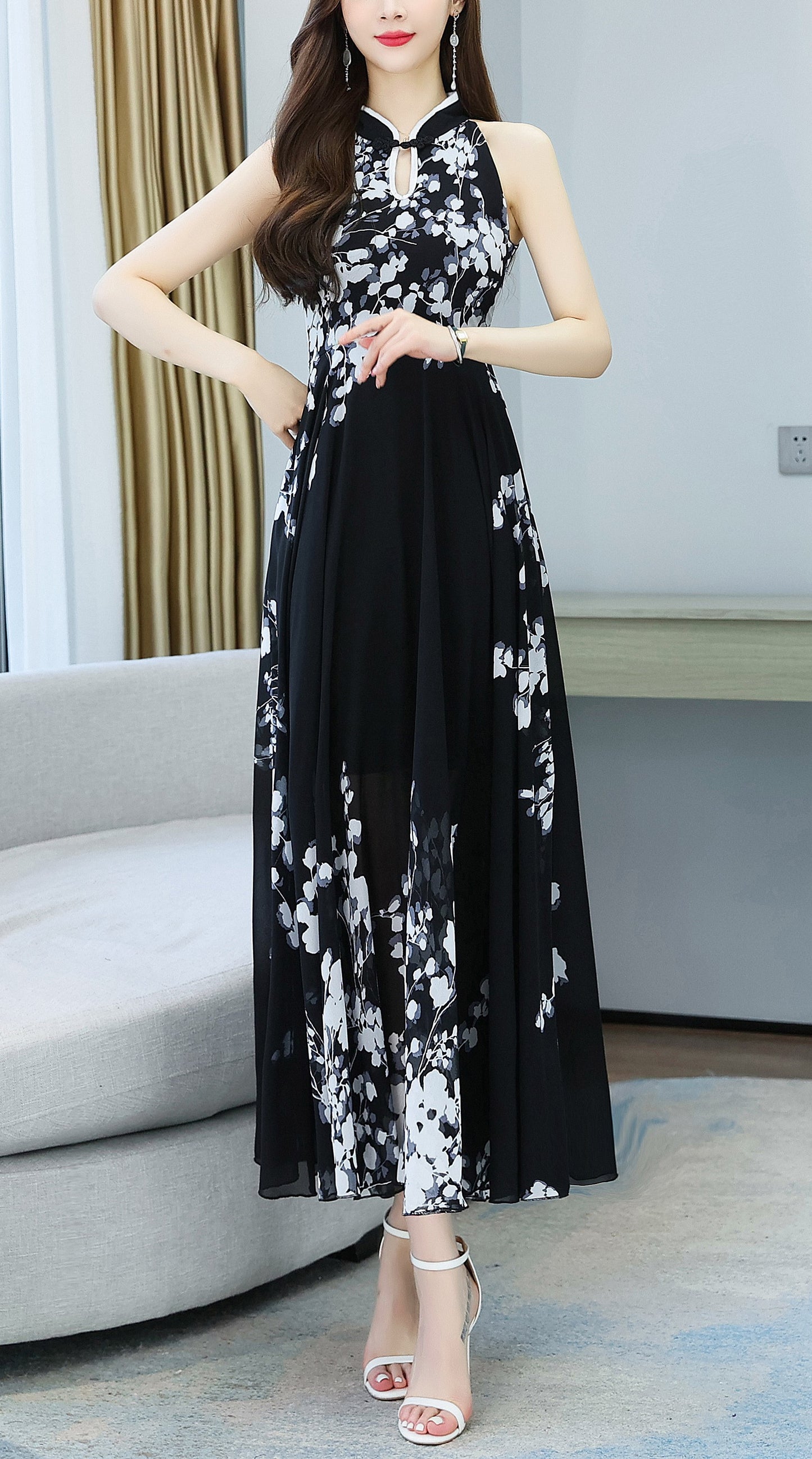 Chinese Painting Style Sleeveless Halter Neck Maxi Dress