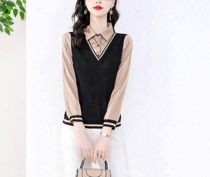 Light Brown Patchwork Collared Neck Solid Long Sleeve Button up Blouse