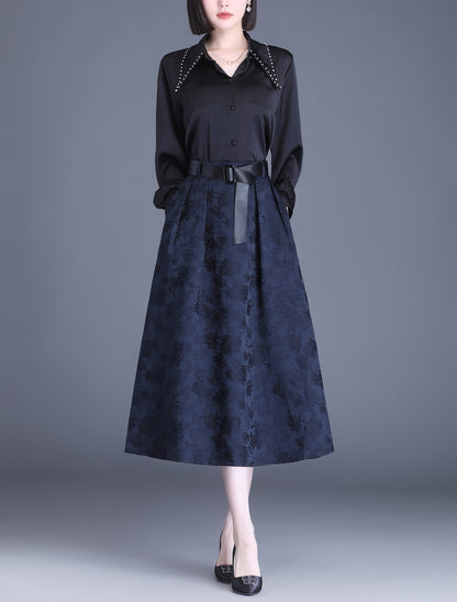 Blue High Waist Solid Midi Skirt with Pocket