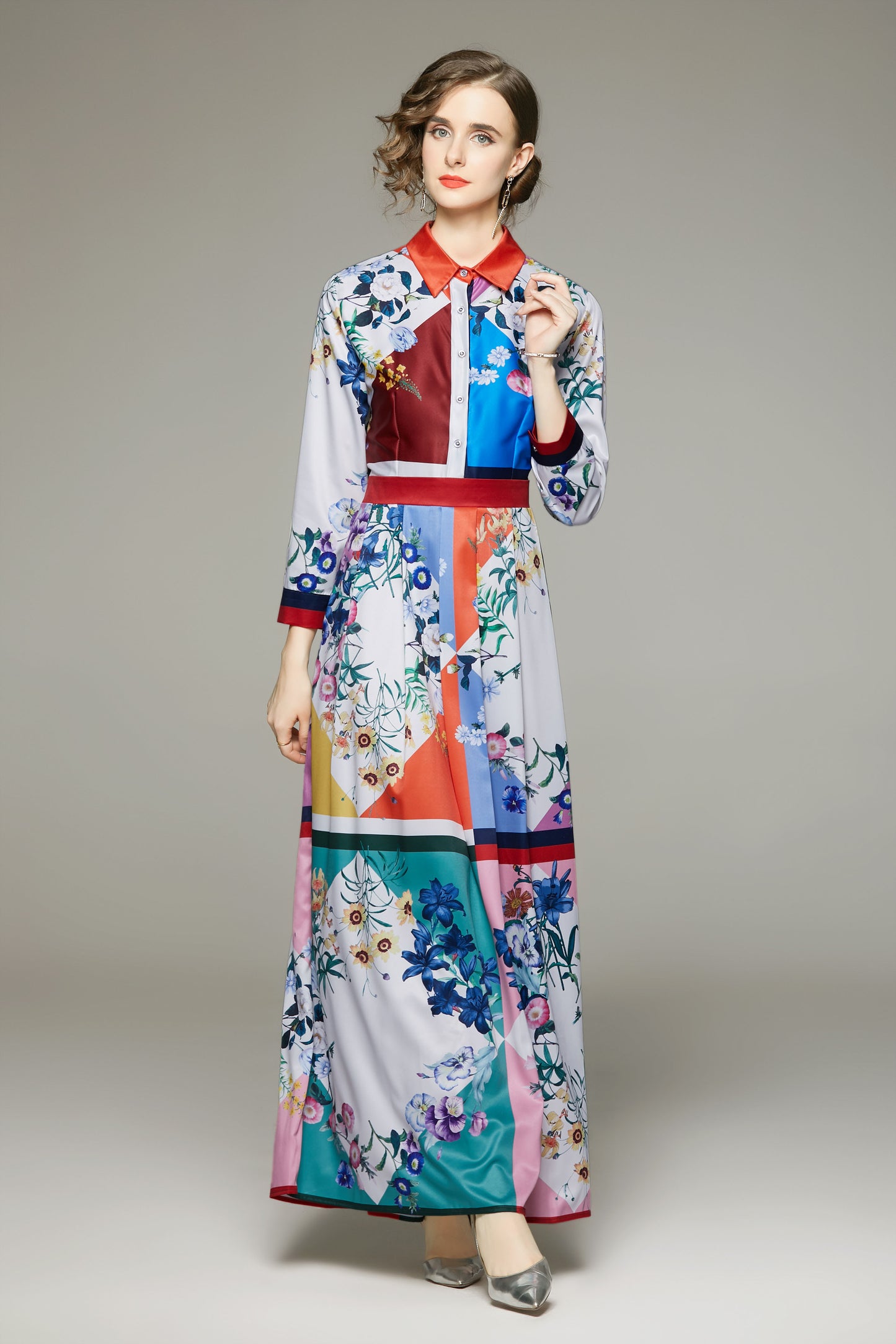 Long Sleeves Collared neckline Floral Print Maxi Dress