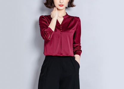 Solid Red V-neck Long Sleeves Stain Shirt Blouse