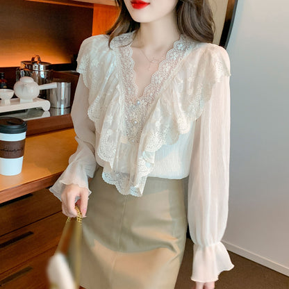 V-Neck Ruffle Long Sleeve Lace Solid Blouse