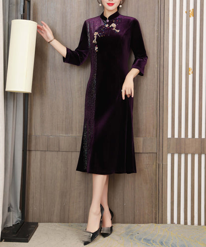 Velvet Embroidery Solid Split Long sleeves V Neck Midi Dress