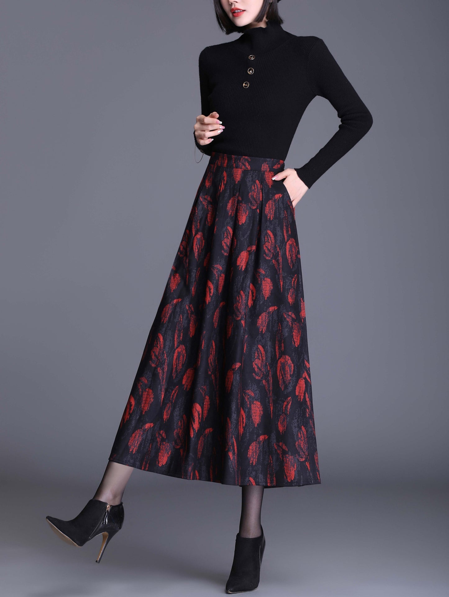 Red High Waist Print Midi Skirt with Pocket