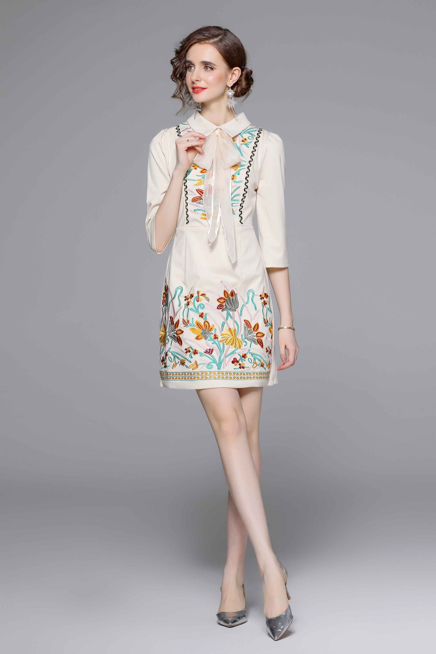 White Collared Tie Neck 1/2 Sleeves Embroidery Mini Dress