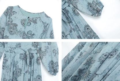 Blue ＆ Green Floral Print Tie Neck Maxi Dress - LAI MENG FIVE CATS