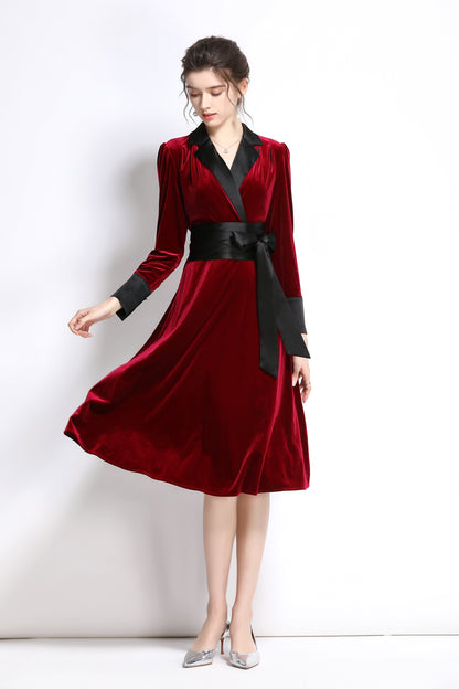 Women Wine Red Velvet Long Sleeve A-line Dress Coat