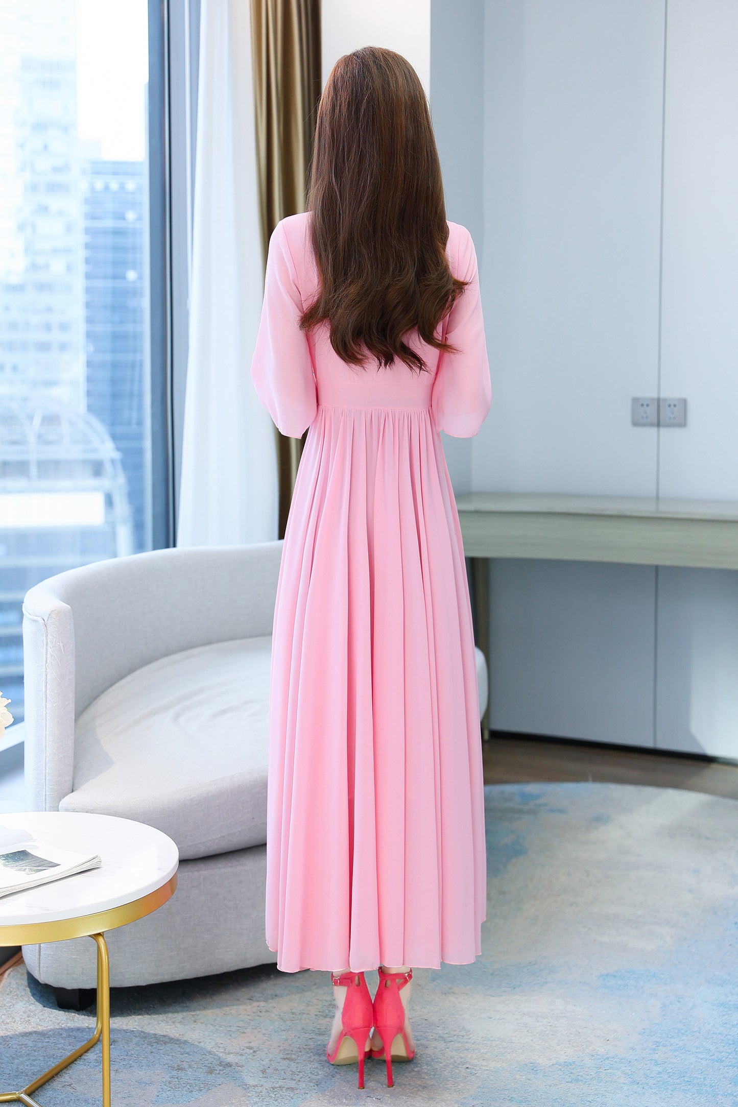 Classic Solid Color V-Neck with Bow Tie Elegant Maxi Dress