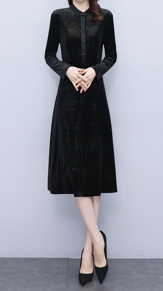 Women Black Velvet Front button Long Sleeve A-line Dress - LAI MENG FIVE CATS