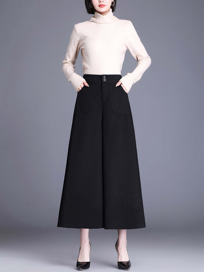 High Waist Solid Wide Leg Trousres with Pocket