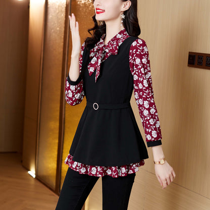 Long Sleeves Crew Neck Patchwork Print Bow Tie Blouse