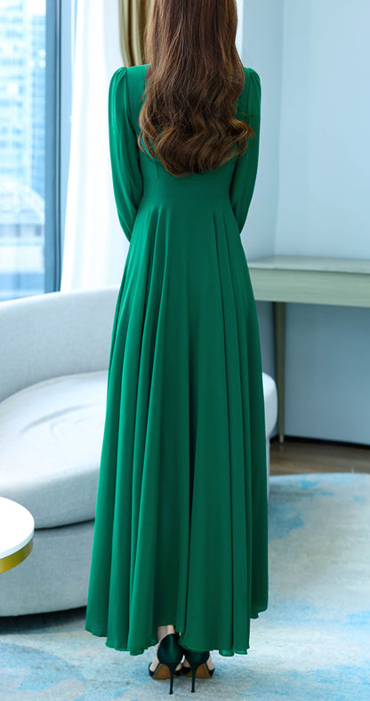 Green Tie Neck Long Sleeves Solid Maxi Dress