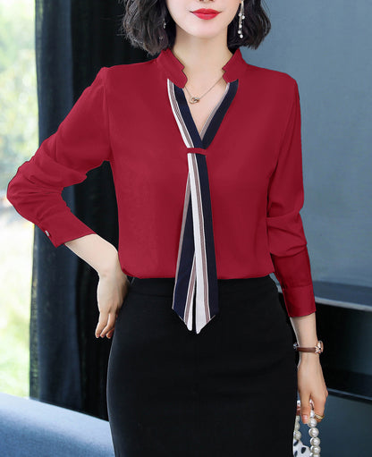 Red & White Long Sleeve Button-Up Blouse With Bow Tie - LAI MENG FIVE CATS
