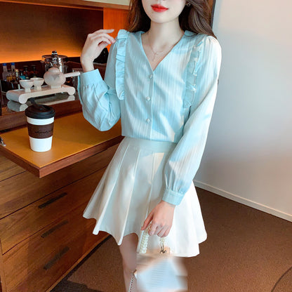 Blue Long Sleeves V Neck Frill Button up Blouse