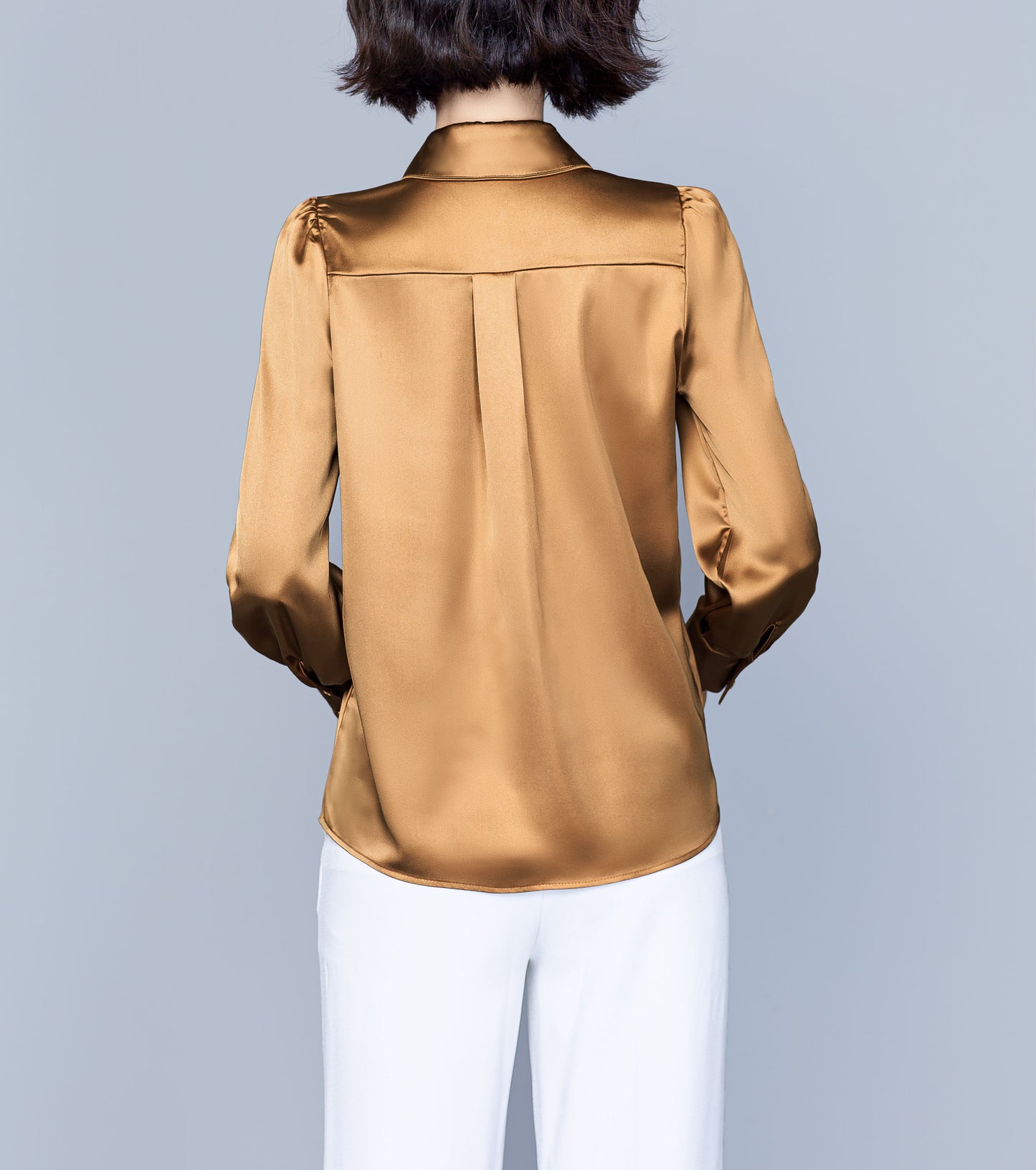 Satin Long Sleeve Lady Casual Silk Office Work Solid Blouse Gold