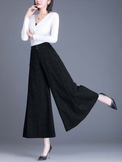 Black High Waist Solid Wide Leg Trousres with Pocket