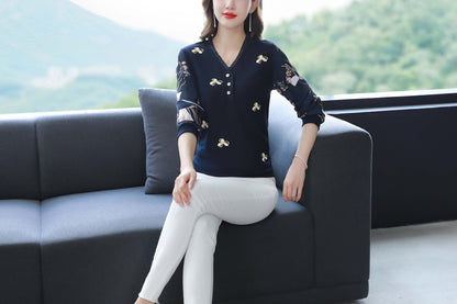 V Neck Long Sleeves Solid Blouse