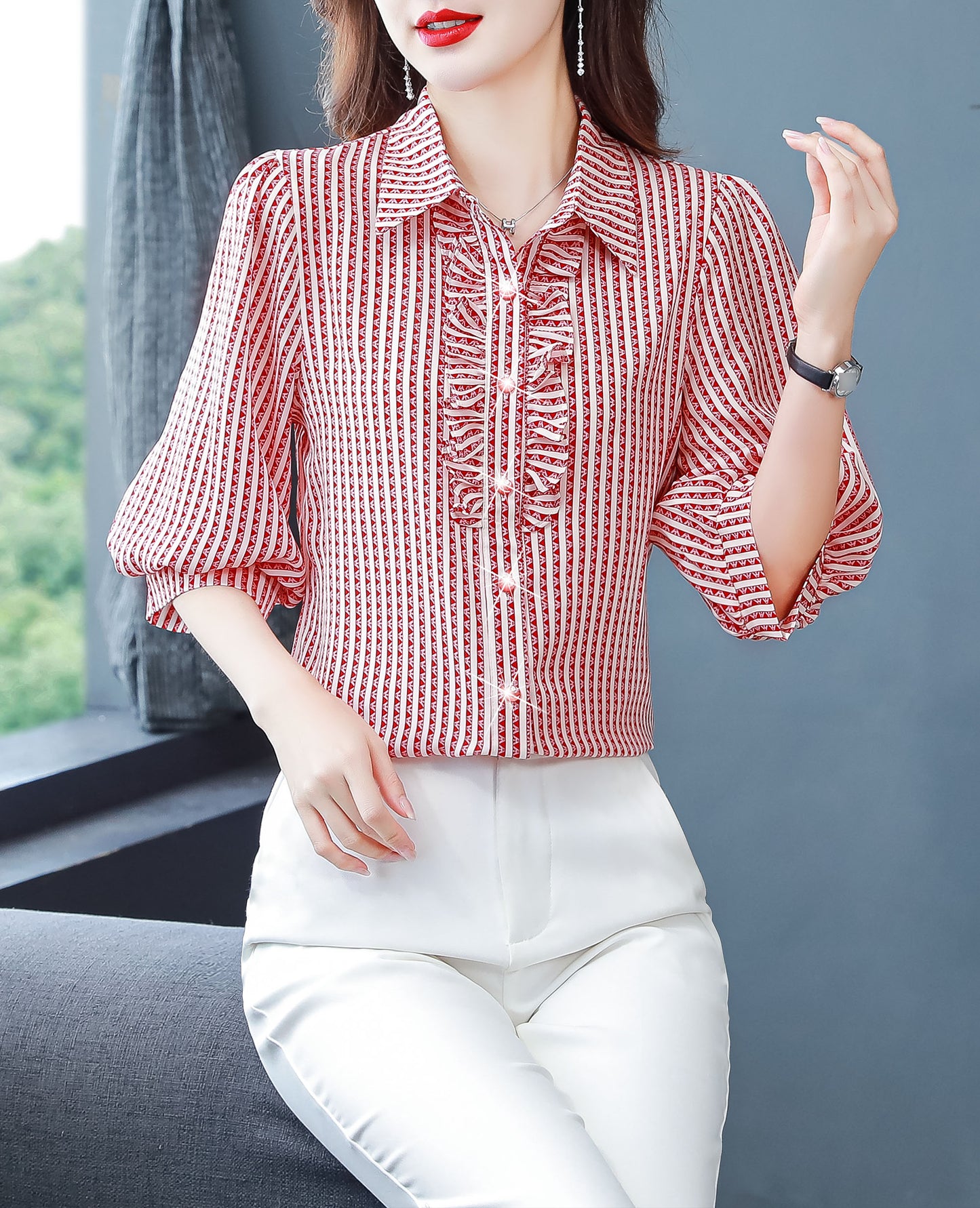 Red Stripe Tops Collared Neck Button Up Print Blouse