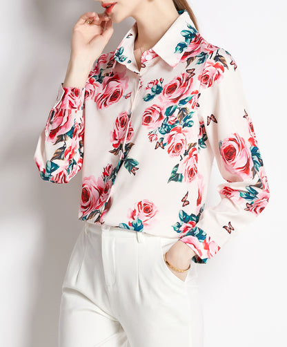 Collared Neck Long Sleeve Button Up Print Blouse