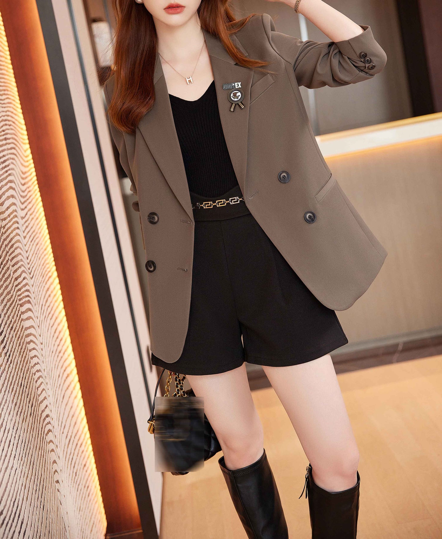 Brown Double Breasted Long Sleeves Solid Blazer