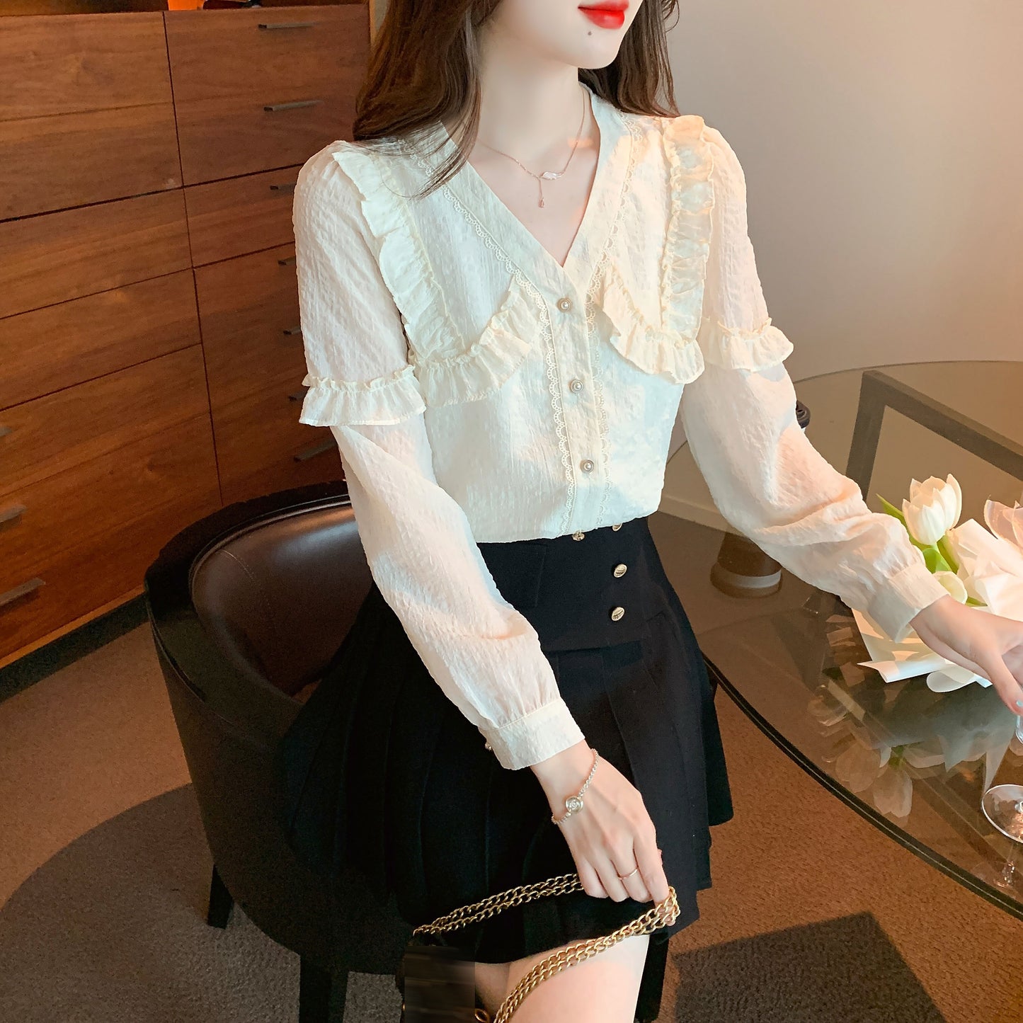White Solid Long Sleeve Button-Front Frill Trim Blouse