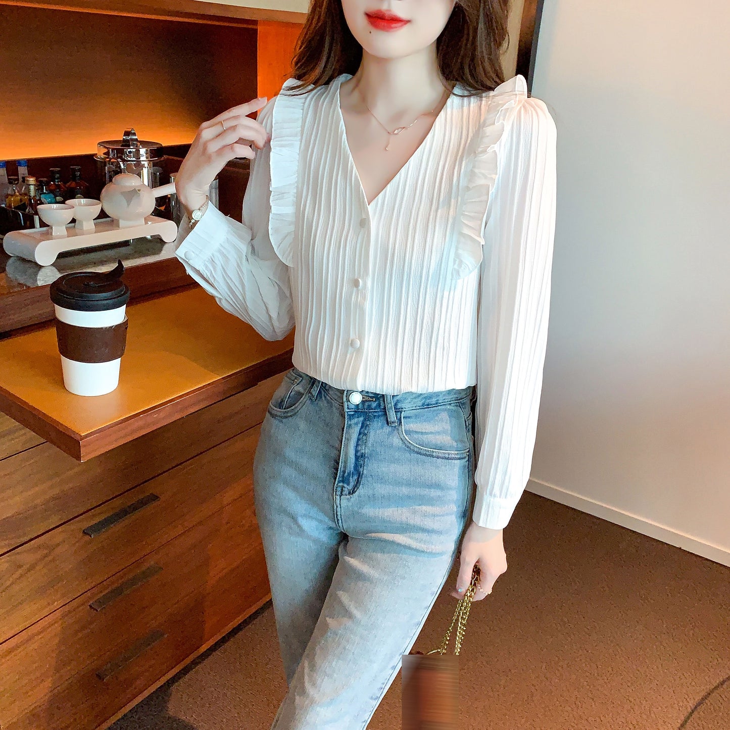 White Long Sleeves V Neck Frill Button up Blouse