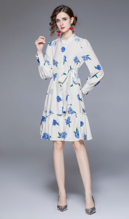 Bell Sleeve Round Neck Button up Floral Print Mini Dress