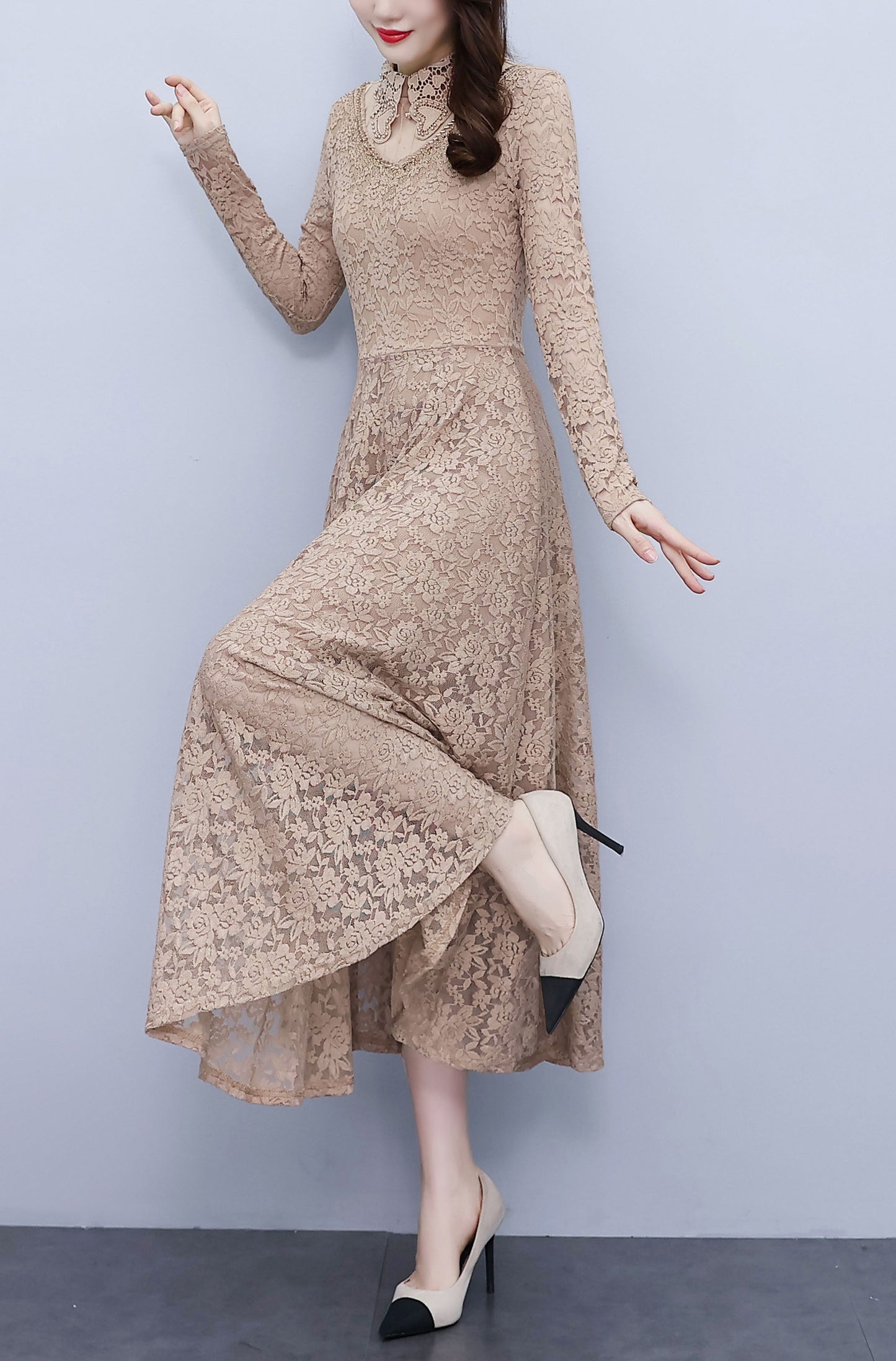 Collared Neck Long Sleeve Floral Lace Dress