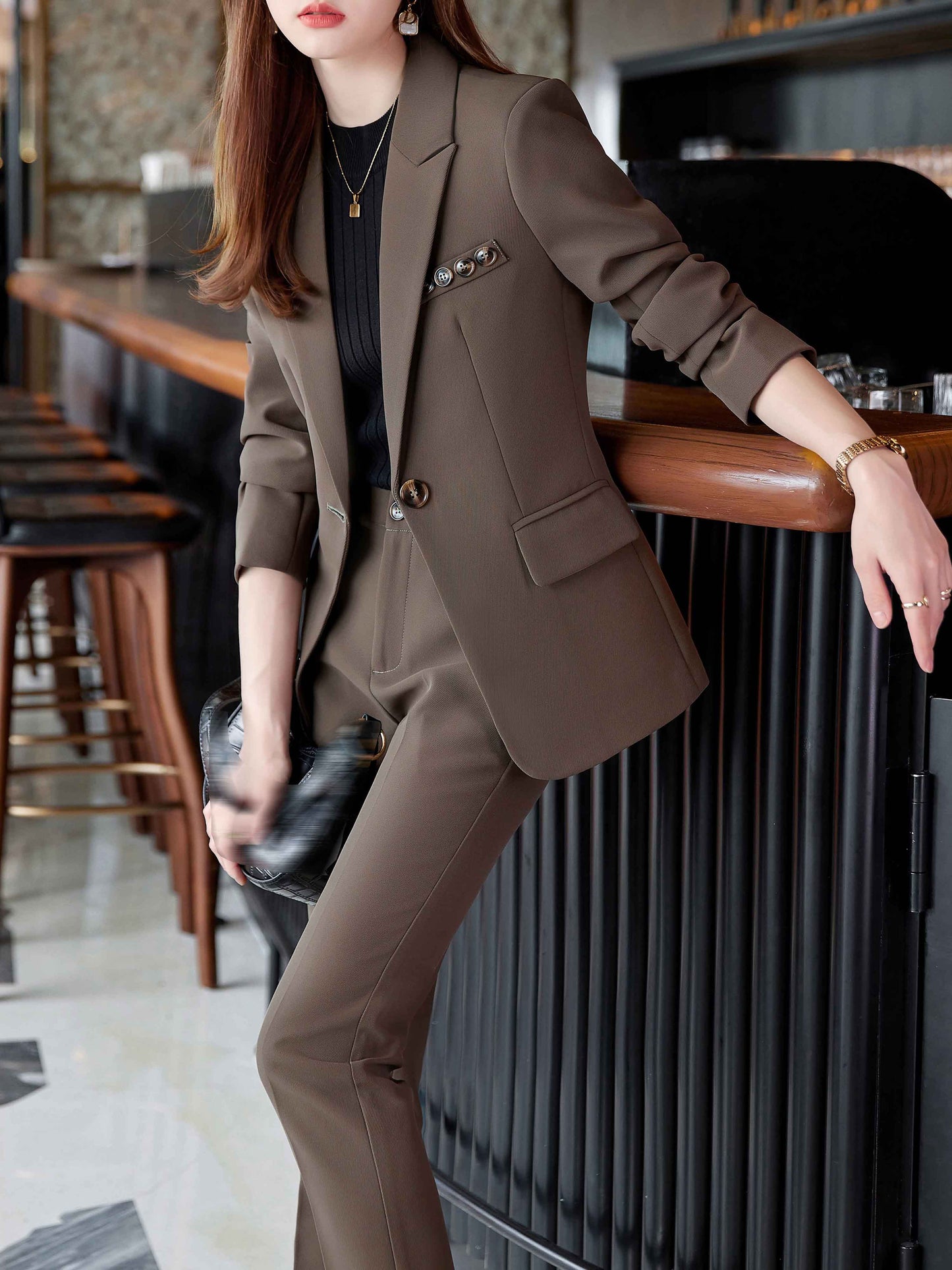 Brown Button Long Sleeves Solid Blazer