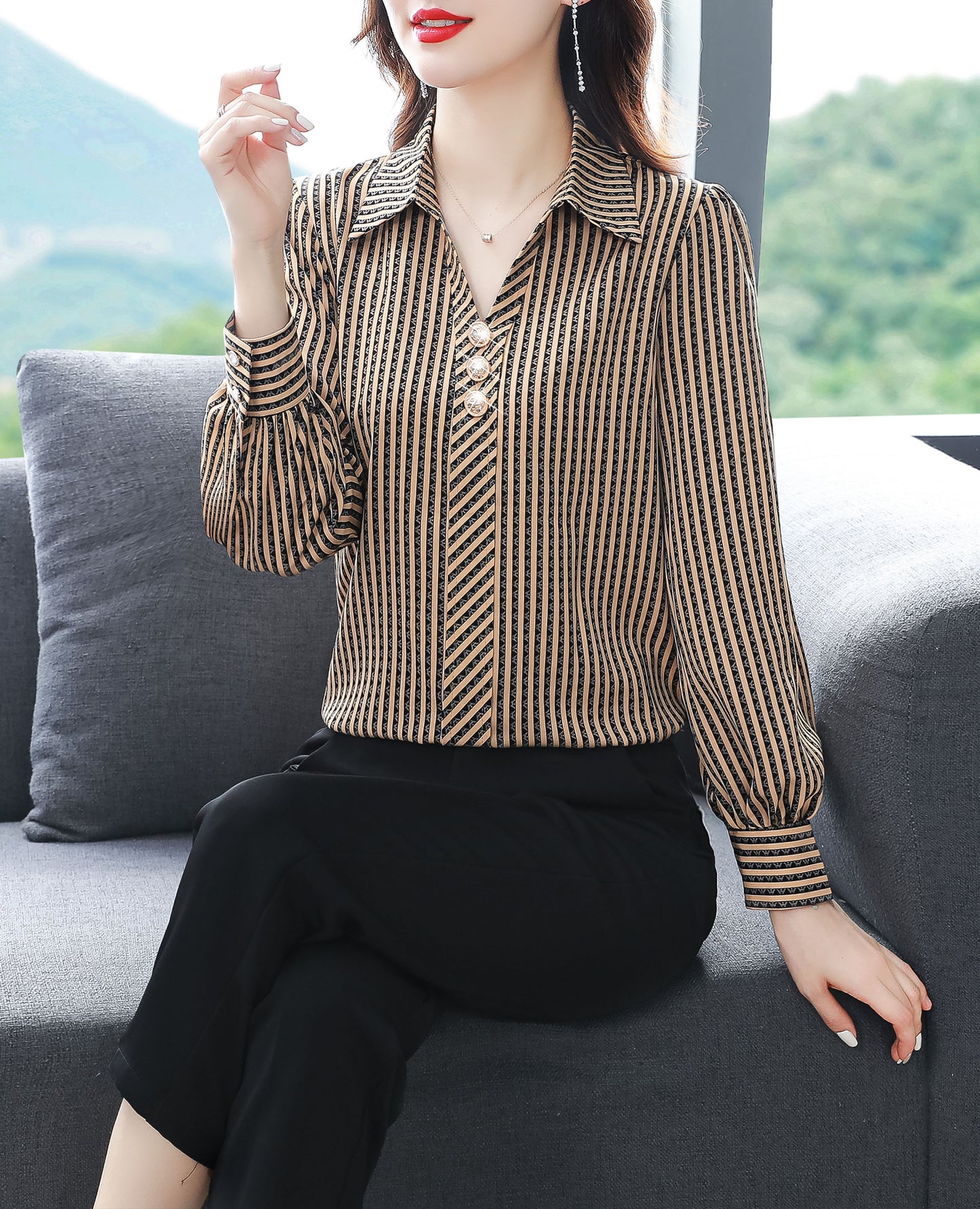 Brown Stripe Tops Collared Neck Long Sleeves Print Blouse