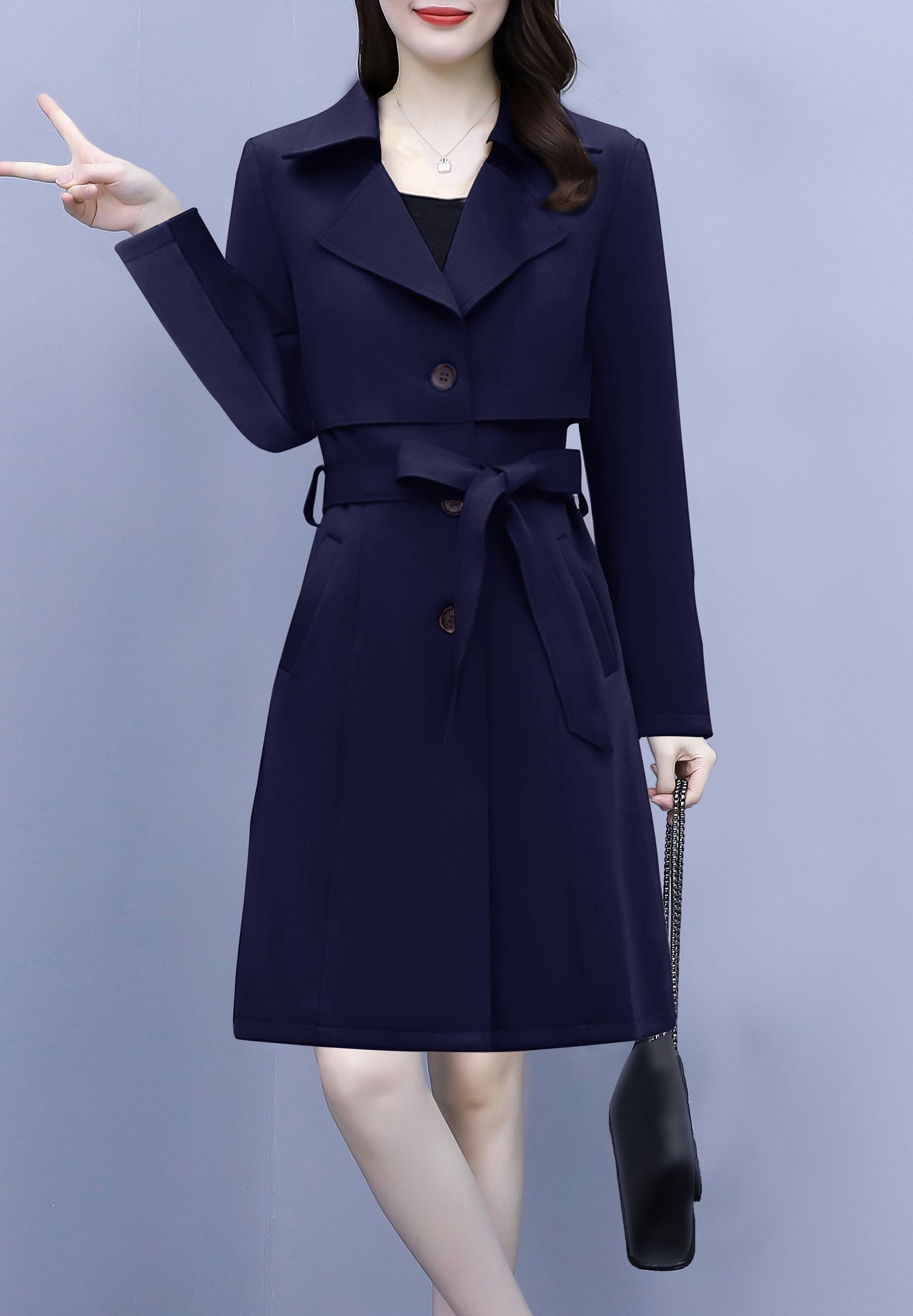 Navy Blue 3/4 Length Outerwear Trench Coat with Belt